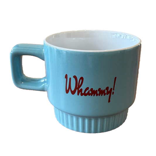 Light blue mug with 'Whammy!' text on a white background